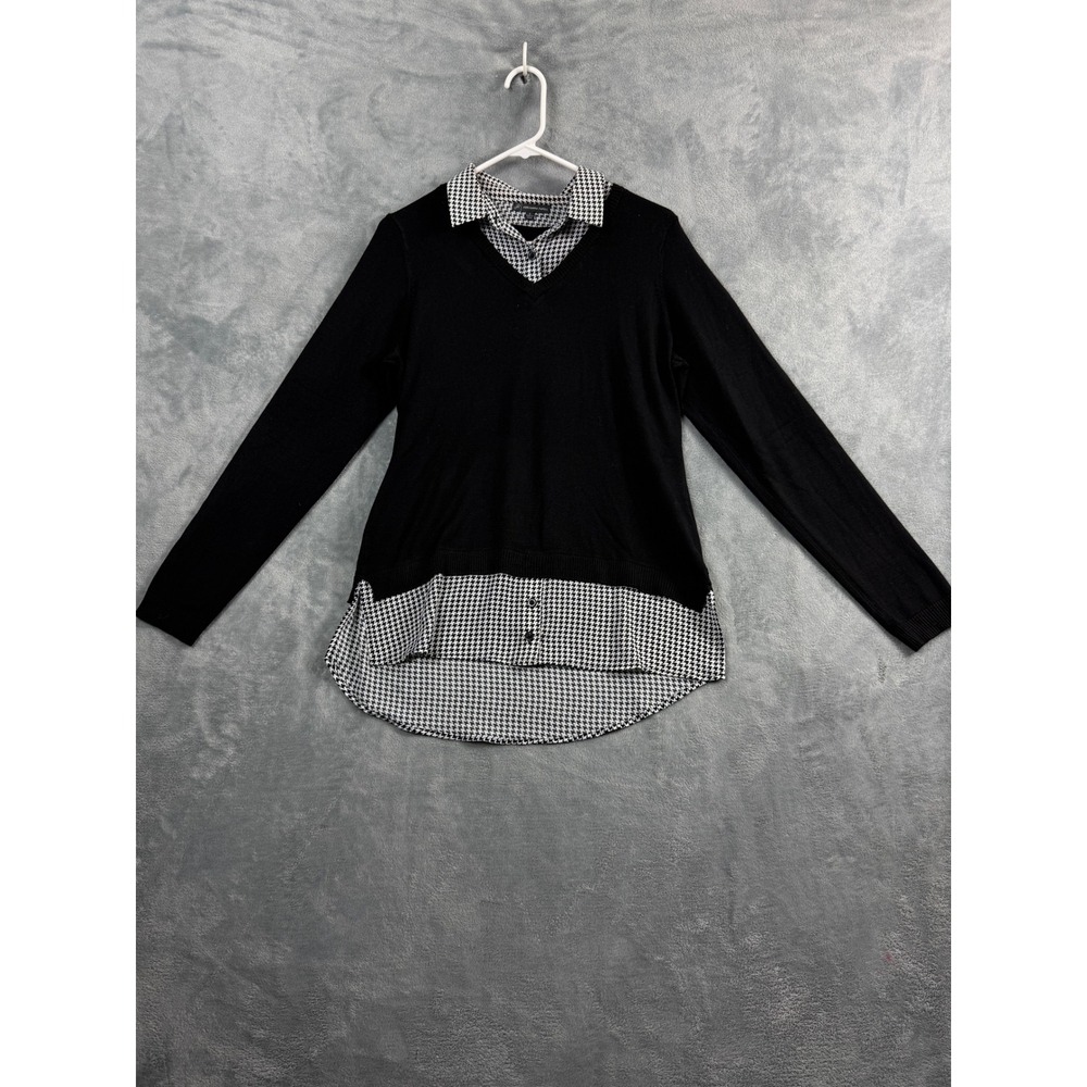 Adrianna Papell Womens S Black Layered Sweater Houndstooth Shirt Office Siren